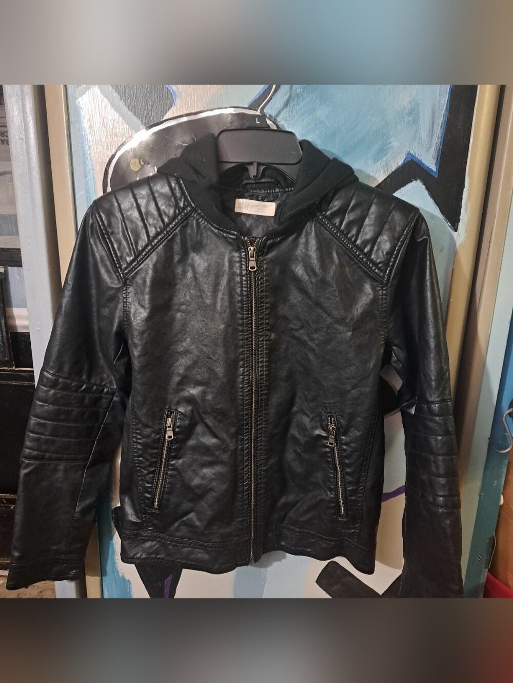 H & M  Black Faux Leather Hooded  Jacket